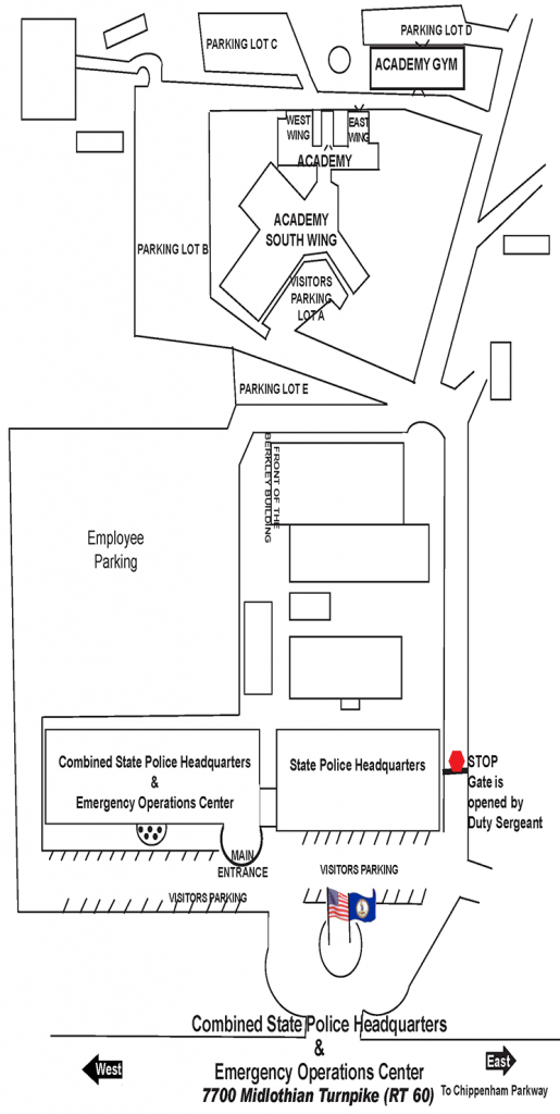 Mapa de la Jefatura Administrativa y Academia de Capacitación de la Policía Estatal de Virginia